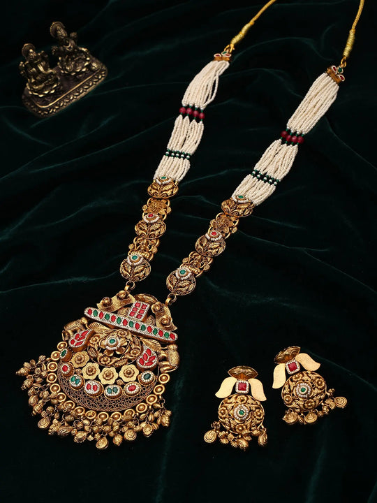 Beaded Temple Style Antique Sterling Silver Long Necklace Set
