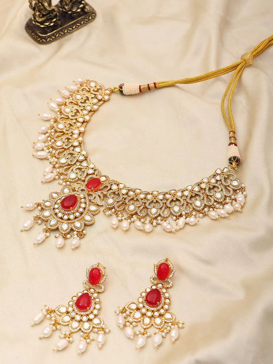 Floral Kundan Sterling Silver Necklace Set with Red Stones and Pearls
