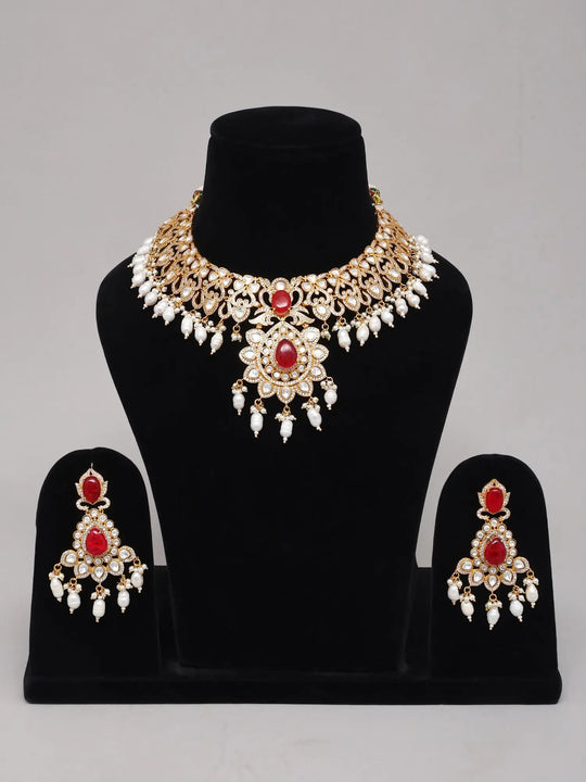 Floral Kundan Sterling Silver Necklace Set with Red Stones and Pearls