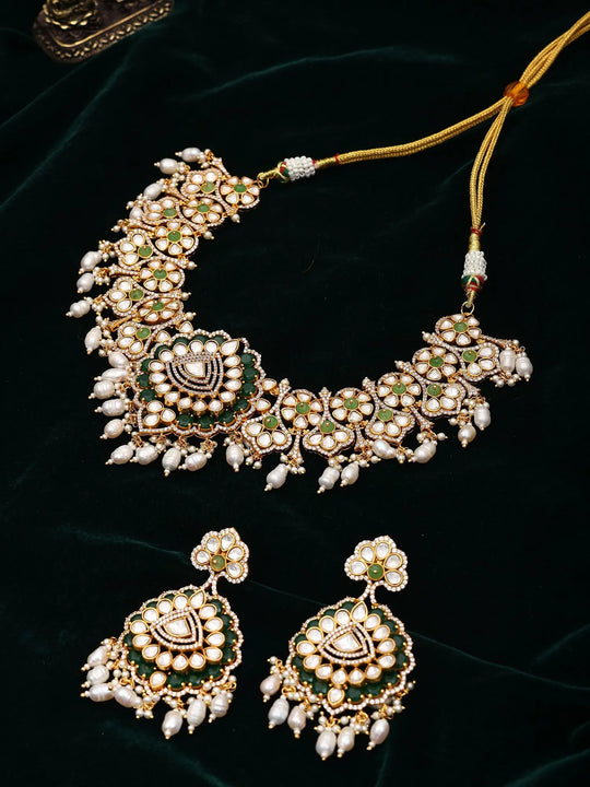 Floral Kundan Sterling Silver Necklace Set with Green Stones and Pearls