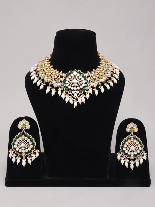 Floral Kundan Sterling Silver Necklace Set with Green Stones and Pearls