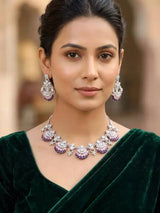 Floral American Diamond Studded Brass Necklace Set