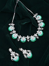 Floral American Diamond Studded Brass Necklace Set