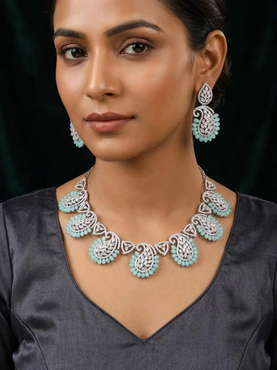 Sea Green Paisley American Diamond Necklace Set with Earrings