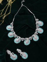 Sea Green Paisley American Diamond Necklace Set with Earrings
