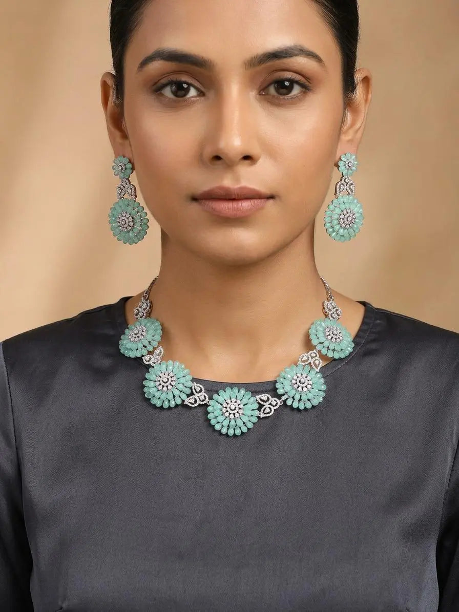 Floral American Diamond Brass Necklace Set with Earrings