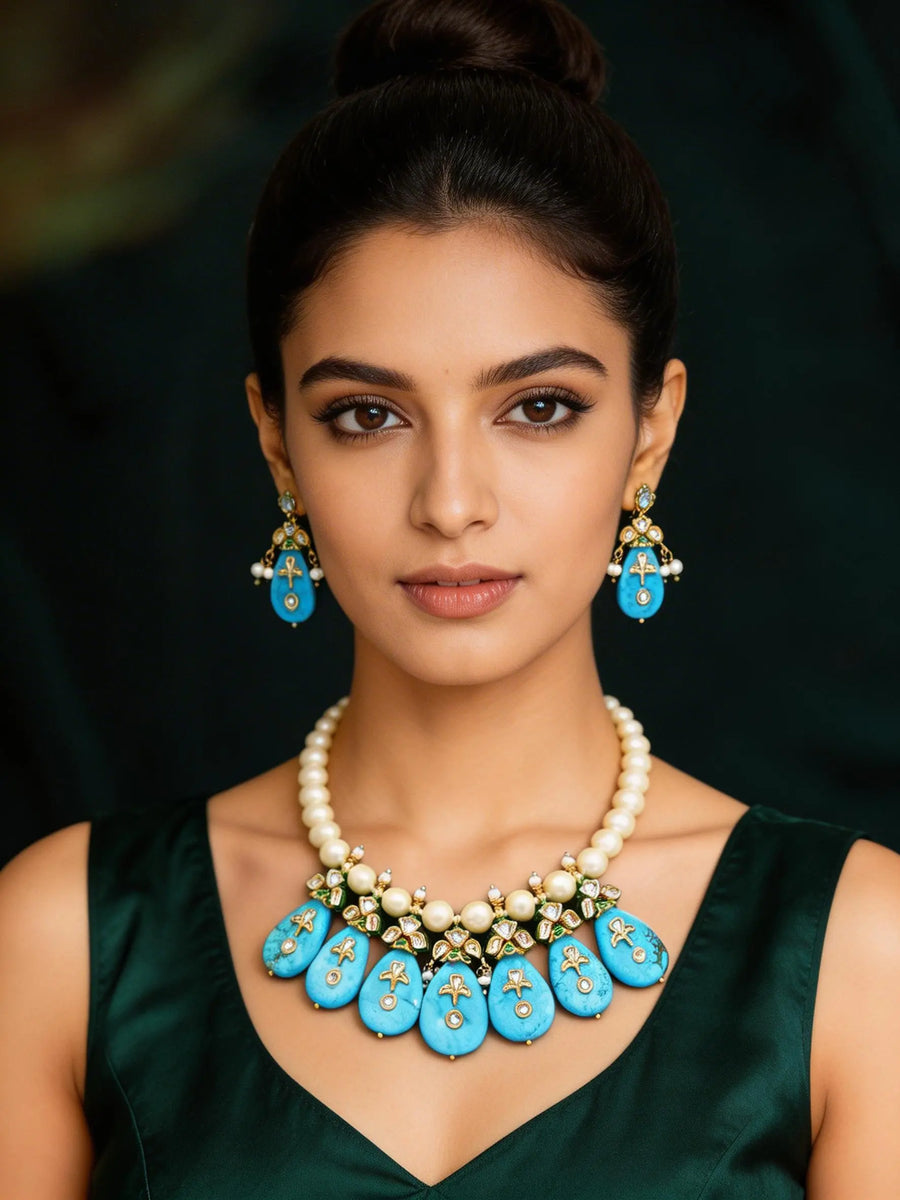Lacquer Stone, Pearl and Kundan Drop Necklace Set