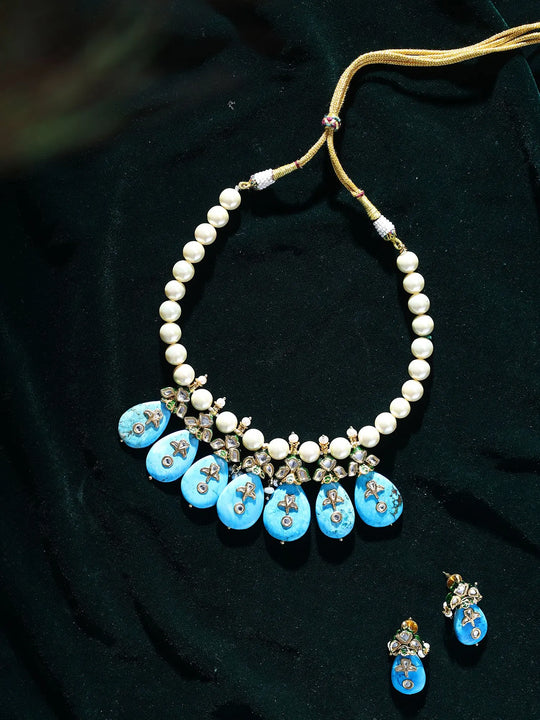 Lacquer Stone, Pearl and Kundan Drop Necklace Set