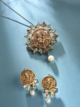 Chaturbhuj Ganesha Kundan Crescent Brass Silver Pendant Set