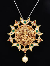 Chaturbhuj Ganesha Kundan Crescent Brass Silver Pendant Set