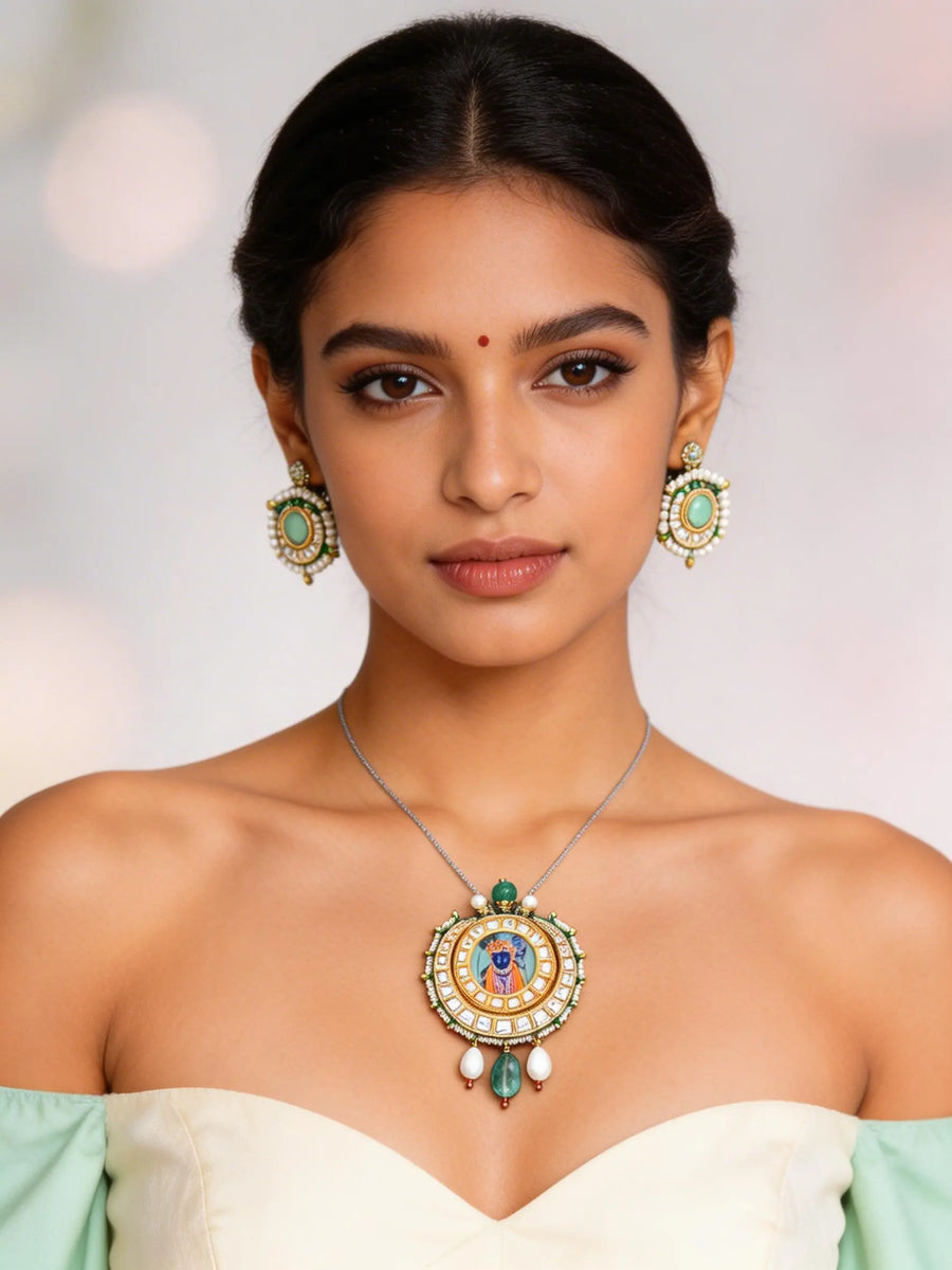 Dwarkadhish Kundan Pendant and Earrings Set with Bead Drops