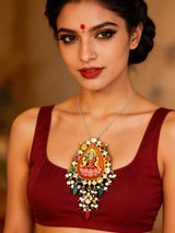 Goddess Lakshmi Navratna Kundan Temple Pendant with Bead Drops