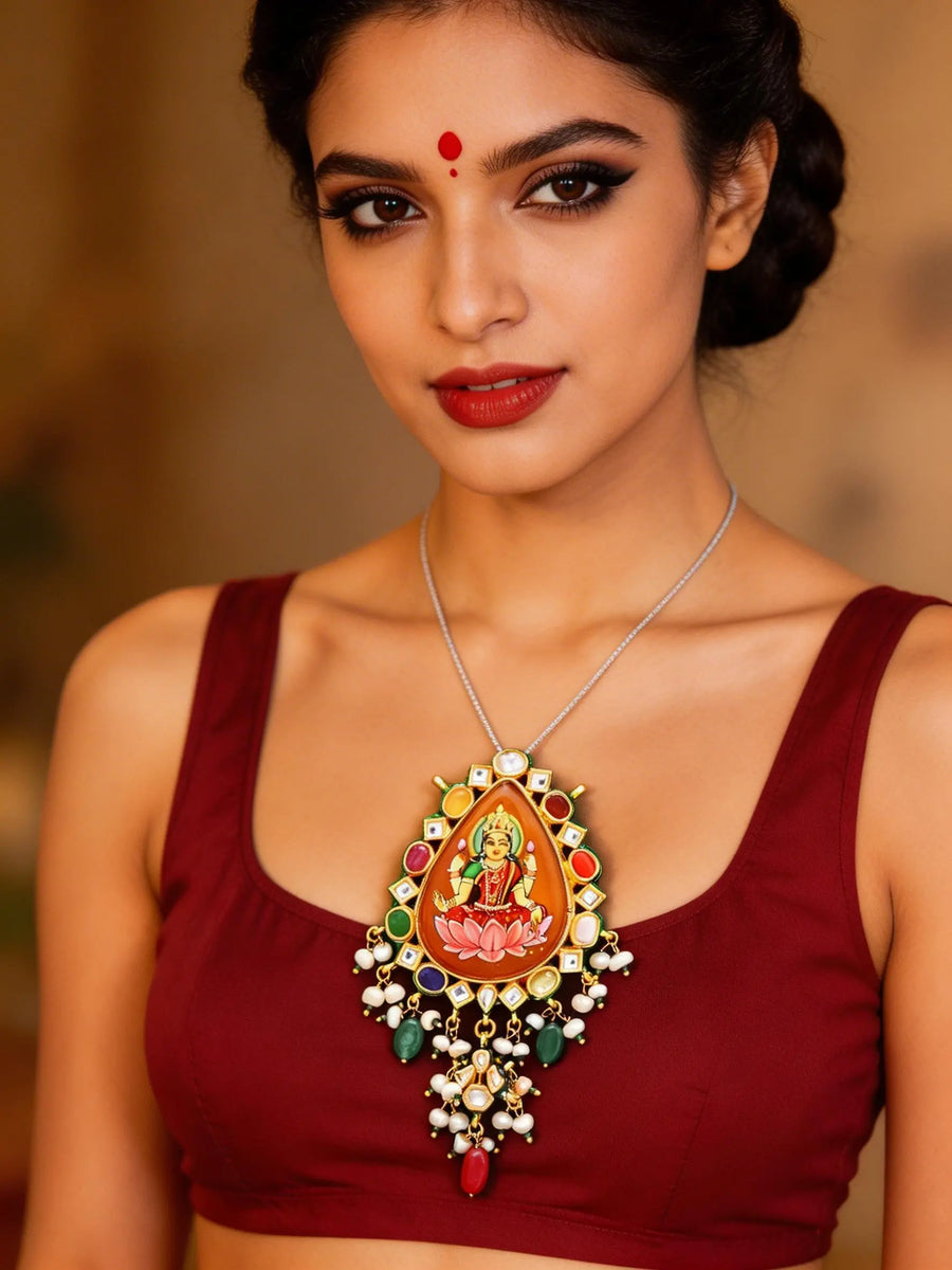 Goddess Lakshmi Navratna Kundan Temple Pendant with Bead Drops