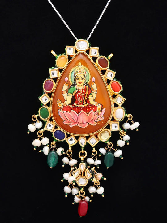 Goddess Lakshmi Navratna Kundan Temple Pendant with Bead Drops