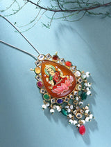 Goddess Lakshmi Navratna Kundan Temple Pendant with Bead Drops