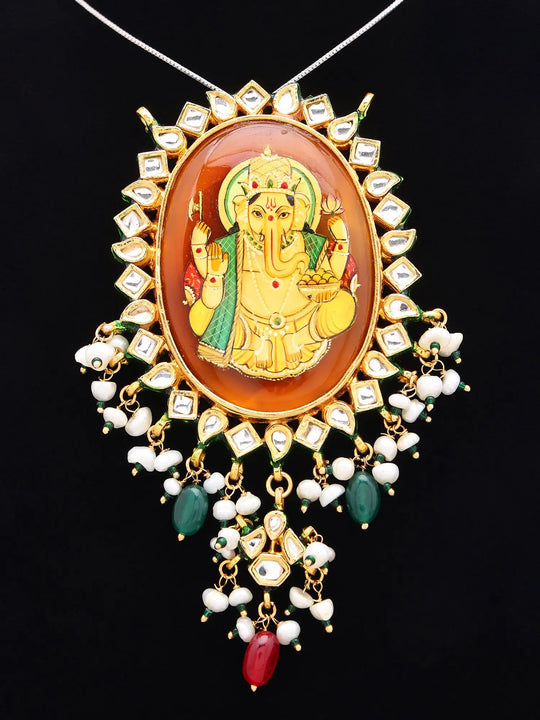 Polki Chaturbhuj Ganesha Pendant with Pearl Drops