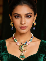 Peacock Kundan Lacquer Necklace Set with Pearls and Quartz