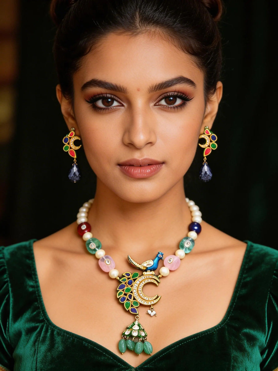 Peacock Kundan Lacquer Necklace Set with Pearls and Quartz