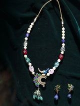 Peacock Kundan Lacquer Necklace Set with Pearls and Quartz