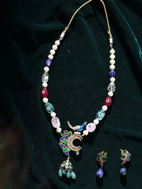 Peacock Kundan Lacquer Necklace Set with Pearls and Quartz