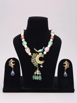 Peacock Kundan Lacquer Necklace Set with Pearls and Quartz