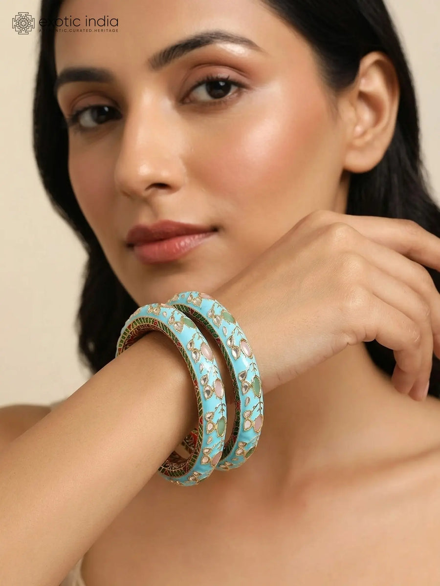 Turquoise Meenakari Kundan Floral Enamel Bangles Pair