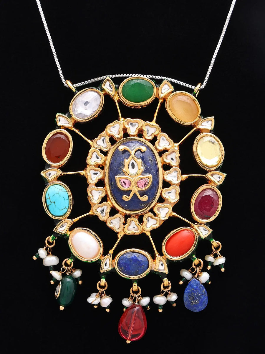 Oval Navratna Stone Silver Brass Pendant and Earrings Set