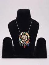 Oval Navratna Stone Silver Brass Pendant and Earrings Set