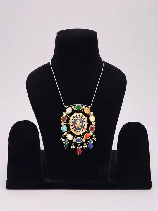 Oval Navratna Stone Silver Brass Pendant and Earrings Set