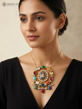 Oval Navratna Stone Silver Brass Pendant and Earrings Set