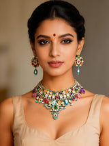 Navratna Kundan Choker Necklace Set with Lacquer and Stone Drops