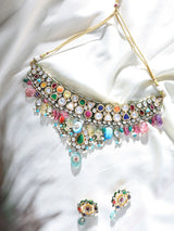 Navratna Kundan Choker Necklace Set with Lacquer and Stone Drops