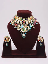 Navratna Kundan Choker Necklace Set with Lacquer and Stone Drops