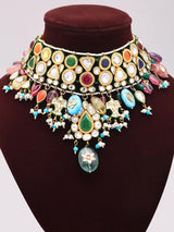 Navratna Kundan Choker Necklace Set with Lacquer and Stone Drops