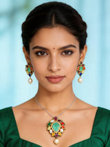 Navratna and Pearl Drop Leaf Pendant and Earrings Set