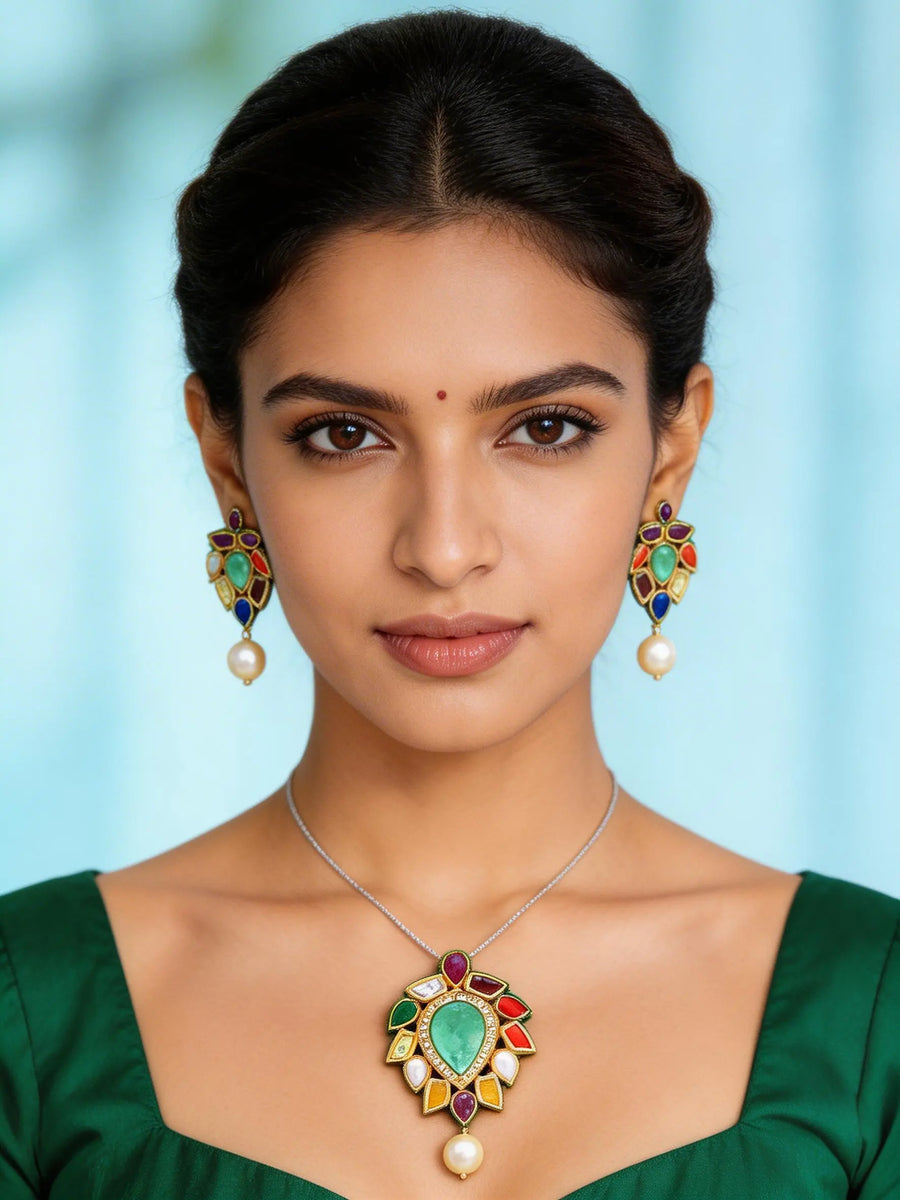 Navratna and Pearl Drop Leaf Pendant and Earrings Set