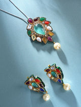 Navratna and Pearl Drop Leaf Pendant and Earrings Set
