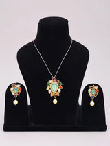 Navratna and Pearl Drop Leaf Pendant and Earrings Set