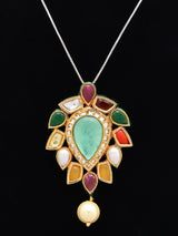 Navratna and Pearl Drop Leaf Pendant and Earrings Set