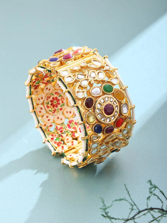 Multicolour Kundan Lacquer Openable Bangle in Brass Silver Alloy