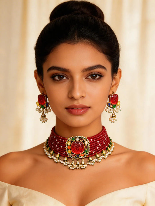 Red Beaded Pearl Drop Multi Strand Choker and Earrings Set