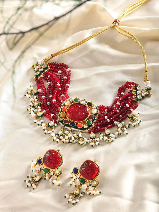 Red Beaded Pearl Drop Multi Strand Choker and Earrings Set
