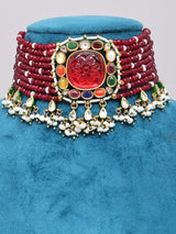 Red Beaded Pearl Drop Multi Strand Choker and Earrings Set