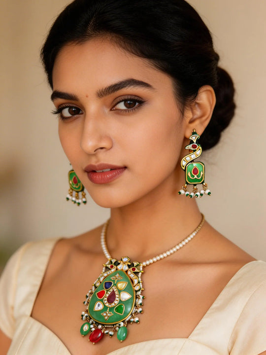 Peacock Meenakari Multicolour Stone and Pearl Pendant Set
