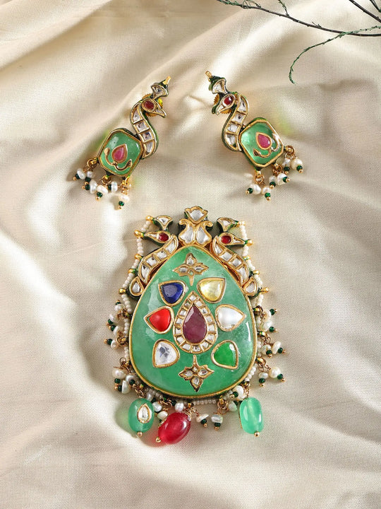 Peacock Meenakari Multicolour Stone and Pearl Pendant Set