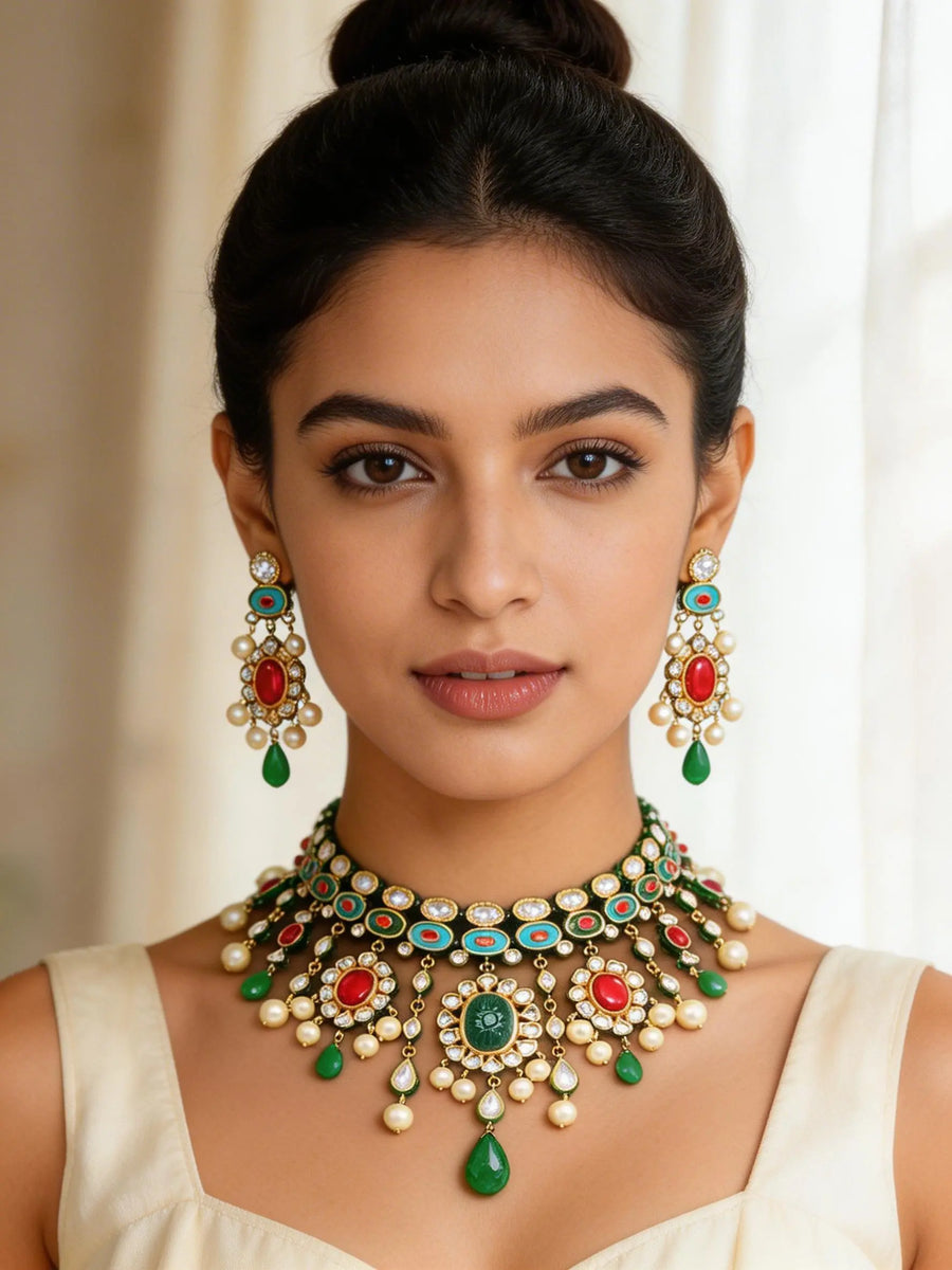 Oval Stone Lacquer and Pearl Drop Necklace Set in Brass Silver Alloy