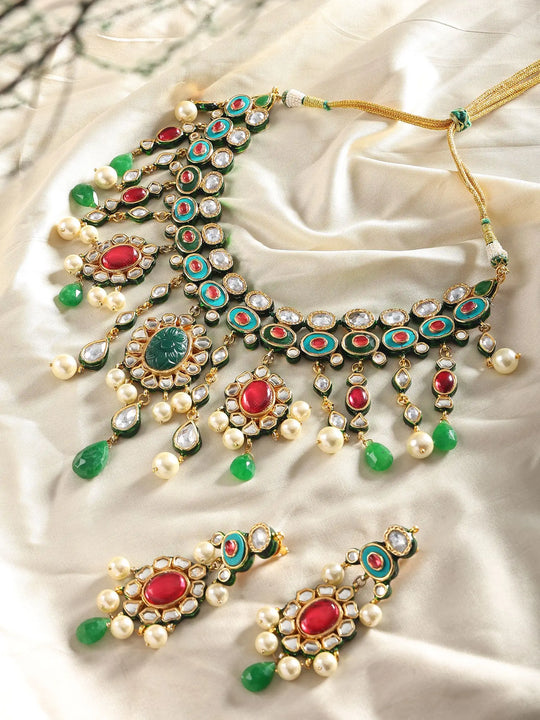 Oval Stone Lacquer and Pearl Drop Necklace Set in Brass Silver Alloy