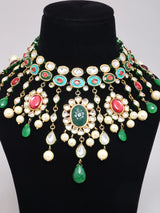 Oval Stone Lacquer and Pearl Drop Necklace Set in Brass Silver Alloy