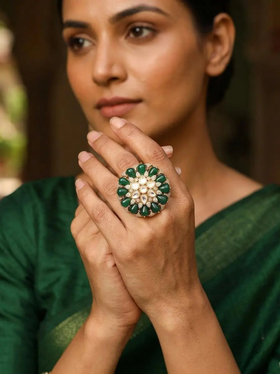 Beaded Floral Kundan Stone Studded Adjustable Ring