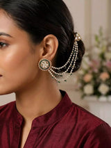 Floral Kundan and Pearl Ear Chain Stud Earrings in Brass